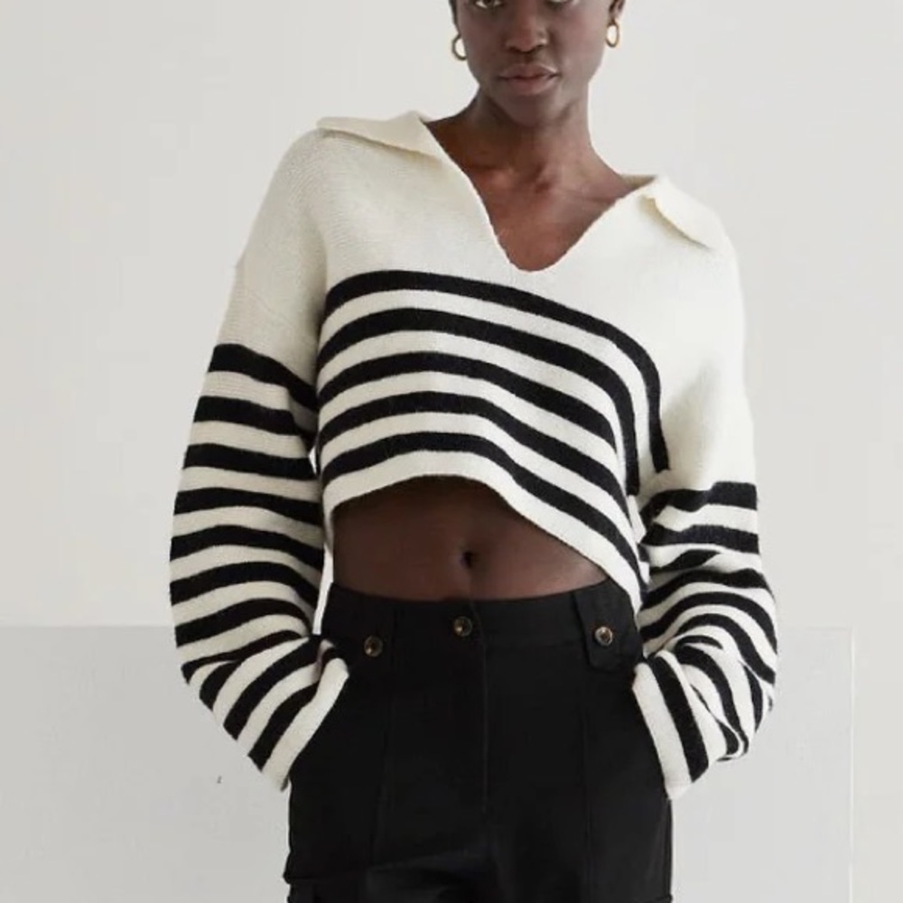 Striped Navy and White Cropped Knit Sweater
